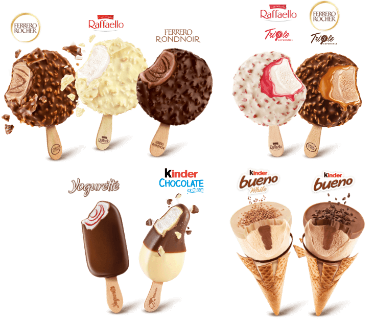 Raffaello Eis und kinder bueno Eis und Ferrero Rocher Eis